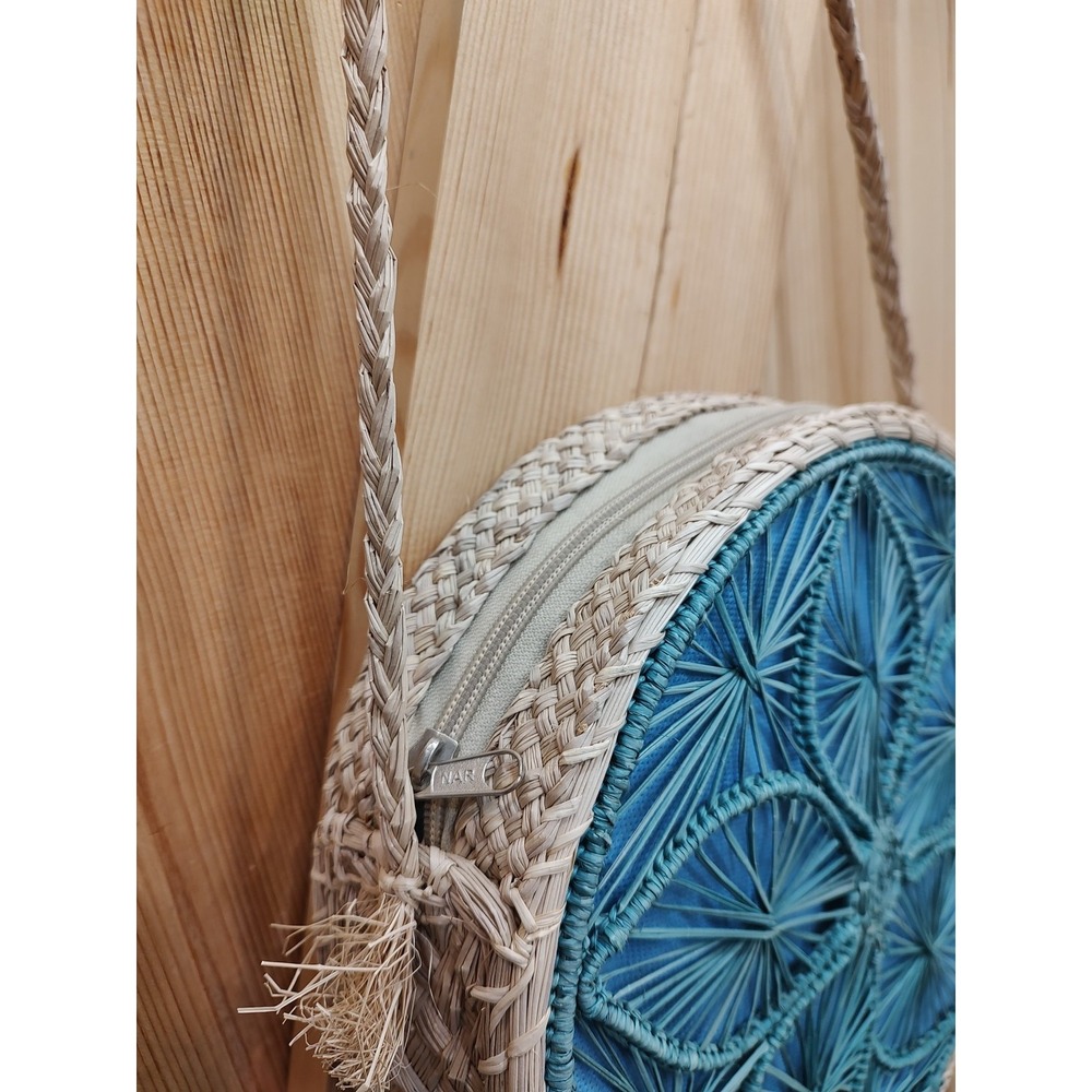 Round Blue Woven Crossbody Bag with Braided Strap - Picture 3 of 7